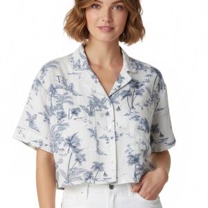 Panama Jack Blue White Tropical Short Sleeve Button up Linen Blend Blouse Top